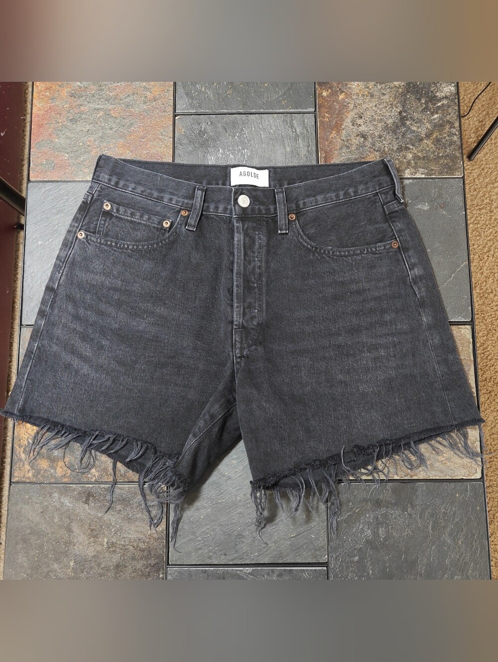 AGOLDE High Rise Button Fly Black Denim Shorts Size 29